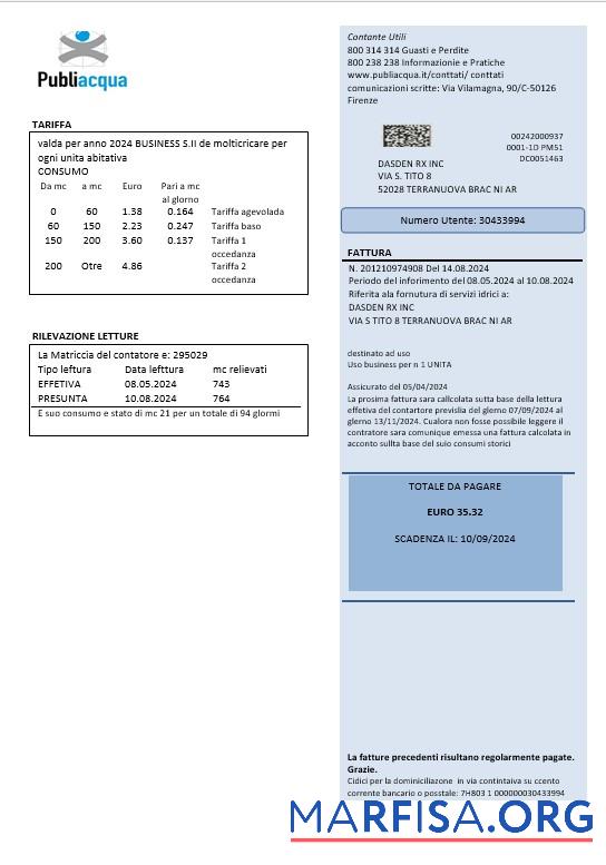 Realistic Italy Publiacqua business utility bill template in Word and PDF format